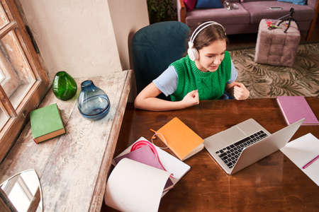 Teenager enjoying of the distance learning while sitting in front of the laptopの写真素材