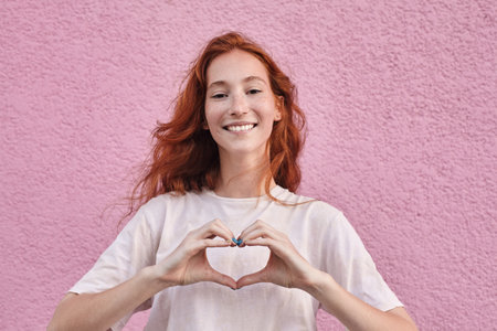 Ginger beautiful woman standing with wide smile and heart