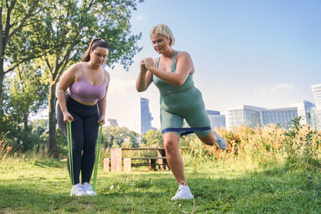Happy young curvy women training with resistance bands