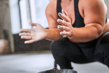 Midget female athlete clapping hands with chalk powderの写真素材