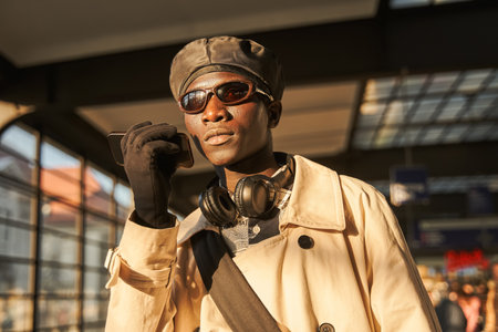 Serious multiracial man wearing trendy clothes listening voice message on mobile phone