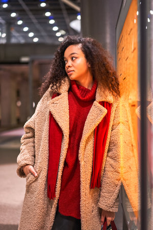 Vertical view of the multiracial woman standing at the metro station tunnel and looking away while waiting transportの写真素材