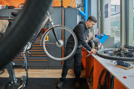 Full length view of the repair technician bicycles repairing gear in bike shopの写真素材