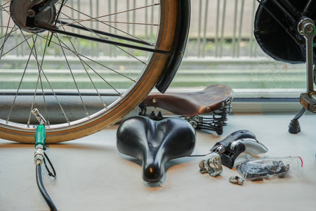 Bicycle tools in the table. Bike mechanic garage with workshop toolsの写真素材