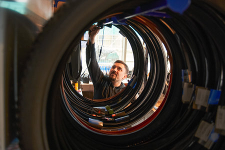 View from the wheels of the man cycling mechanic taking bicycle wheel cameraの写真素材
