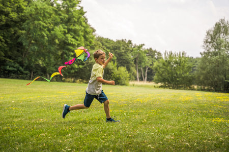 Happy boy runs with a kite in his hands across field in rays of the sunの写真素材