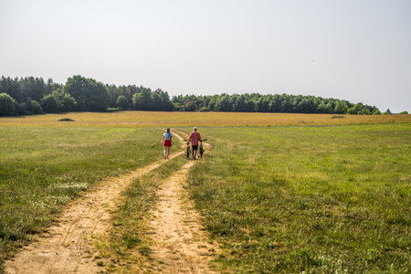 Back view of the caucasian woman and her father going near the forest togetherの写真素材