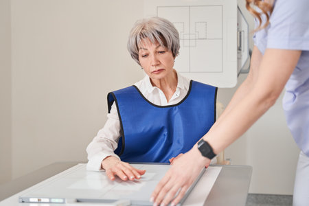 Cropped view of the woman GP or therapist making x ray to unhealthy mature female patientの写真素材