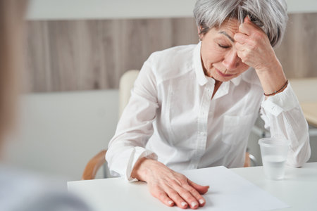 Crying woman holding tissue and complaining about her problemsの写真素材