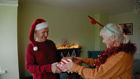 Beautiful caucasian senior man presenting gift to wife while celebrating new yearの写真素材