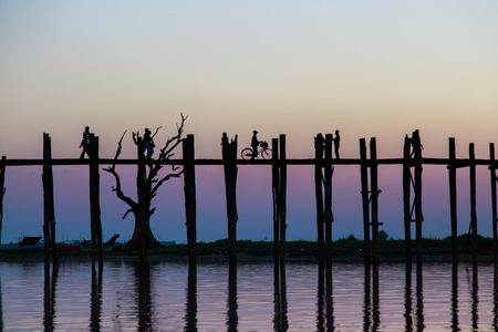 silhouette at U-bien bridge, Myanmarの写真素材