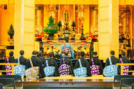 Tokyo, Japan - October 18, 2016 : preist praying in ritual of Tsukiji Honganji Temple in Tokyo, Japan on October 18, 2016のeditorial素材