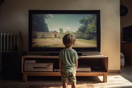 Cute little boy watching a movie on a television at home.の素材