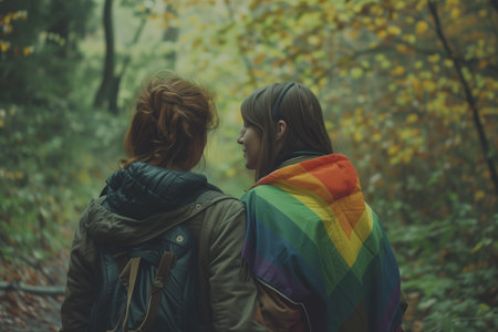 Young couple in love with a rainbow flag in the autumn forest.の素材