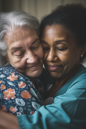 African american mother and adult daughter hugging each other, close upの素材
