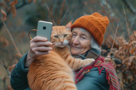 Elderly woman taking selfie with her cat in the autumn parkの素材
