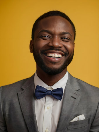 Portrait of a smiling african american man in suit and bow tieの素材