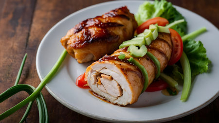 chicken teriyaki roll with vegetables on wooden table, closeupの素材