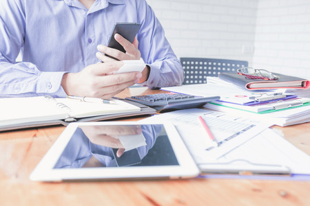 Administrator business man financial inspector and secretary making report, calculating or checking...