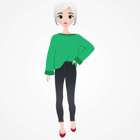 Girl with blond hair, brown eyes, jeans, green clothesのイラスト素材