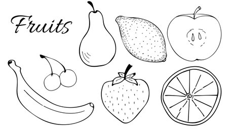 Vector fruits, line hand drawn doodle, pear, lemon, apple, banana, cherry, strawberry, orangeのイラスト素材