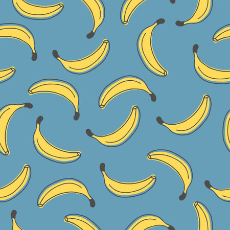 Vector seamless pattern with banana fruit on blue background. Cute pattern with hand drawn fruitsのイラスト素材