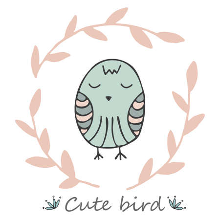 Vector cute doodle with bird, frame on white background.のイラスト素材