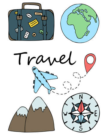 Vector travel doodle set with suitcase, airplane, Earth, mountains, compass. Isolated elementsのイラスト素材