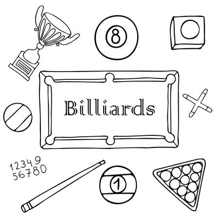 Vector hand drawn doodles with billiards elements on white backgroundのイラスト素材
