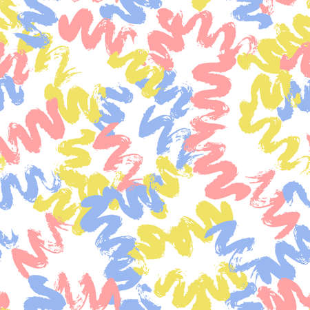 Vector seamless pattern with blue, pink and yellow wave brush stroke on white background for print, wallpaper, wrapping paper, notebooks, textile, illustration, pillowのイラスト素材