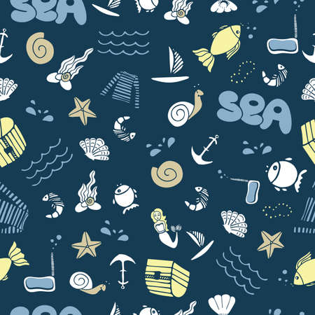 Marine seamless pattern. Summer vibes. Vector colored sea illustration on dark blue backgroundのイラスト素材