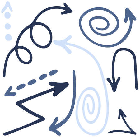 Vector doodle set with dark and light blue arrows on white background. Hand drawn illustration for...