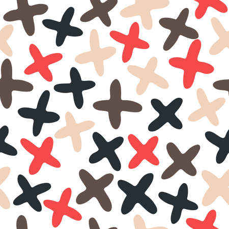 Vector seamless pattern with black, red, light abstract crosses on white background. Hand drawn doodle illustration for wrapping paper, wallpaper, backgrounds, notebooks, textile, trendy clothes and otherのイラスト素材