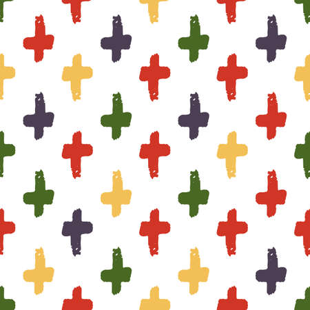 Vector seamless pattern with multicolored hand drawn crosses or plus on white background. Sketchy style illustration for wallpaper, notebook, textile, tile, pillowのイラスト素材