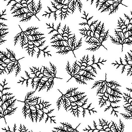 Vector seamless pattern with black thuja on white background for print, textile, wallpaper, clothes, notebooks and otherのイラスト素材