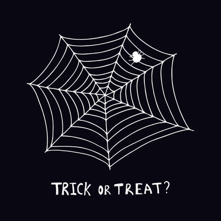 Vector halloween illustration with white spider, web and text trick or treat on dark background for seasonal design, card, decoration, print and otherのイラスト素材