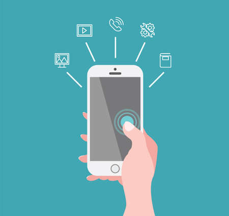 Mobile Phone Illustration Icons Concept Device Flat Design Smartphone Hand Template Technology Gadget Blue Display Minimalistic Templateのイラスト素材