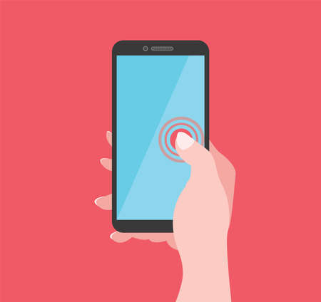 Mobile Phone Illustration Flat Design Smartphone Hand Template Technology Gadget Blue Display Minimalistic Templateのイラスト素材