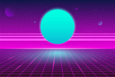 Synthwave Retro Blue Planet Neon Grid Background 80s Futuristic Party Style Backgroundのイラスト素材