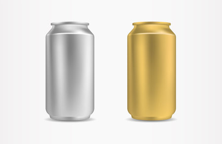 Gold Silver Metallic Aluminum Can Set Soda Beer Drink Branding Mockup Vector Illustrationのイラスト素材