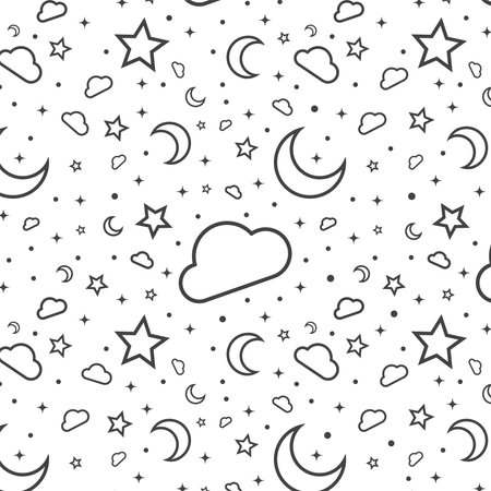 Moon Cloud Stars Seamless Pattern White Background Vector Illustrationのイラスト素材