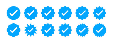 Blue Verified badge icon set. Collection of different style star shaped social media iconsのイラスト素材