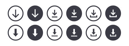 Download button line and flat circular icon collection, web icons. Vector illustrationのイラスト素材