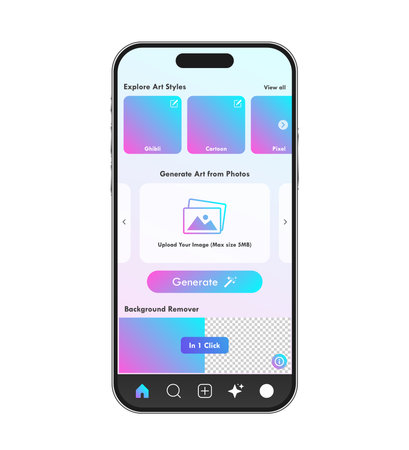 Artificial intelligence application user interface in mobile phone. AI generate app mockup template smartphone layout vector illustrationのイラスト素材