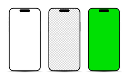 Realistic mobile phone, smartphone devices mockup template in blank, green screen and transparent display. Modern technology vector illustrationのイラスト素材