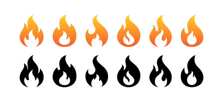Fire flame colorful and black icon set on white background, vector illustrationのイラスト素材
