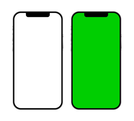 Mobile phone devices mockup template with blank white and green screen for advertisement. Vector illustrationのイラスト素材