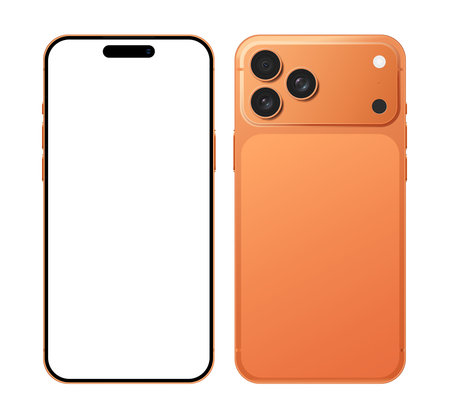 Realistic orange frame mobile phone mockup template in front and back side. Modern smartphone device with blank display vector illustrationのイラスト素材