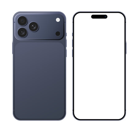 Mobile phone blue color device mockup template in front and back angle for advertisement. Smartphone blank display layout vector illustrationのイラスト素材