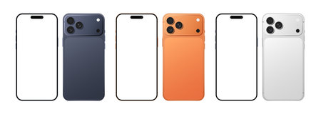 Mobile phone blank display mockup, colorful devices set for advertising and social media. Latest modern smartphone front and back side template vector illustrationのイラスト素材